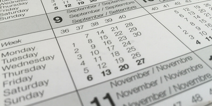Close up of a printed calendar.